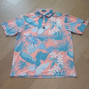 EUC Bad Birdie Golf Polo Shirt Men's sz XL Pink/Blue Floral 1/4 Button Shirt